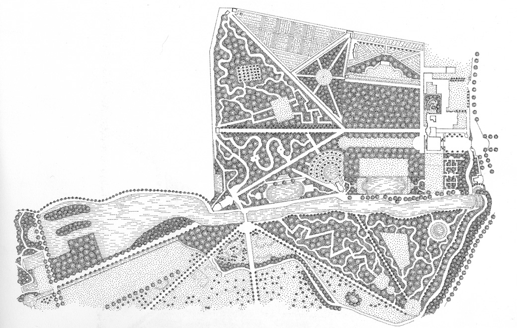 Planimetria del giardino di Chiswick, dalla pianta di J. Rocque, 1736